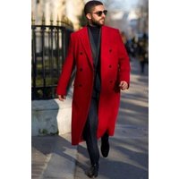 Men's Double Full Length Breasted Wool Coat Red Overcoat