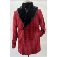 Men's Red Plaid Houndstooth Overcoat with Adjustable Belt — Winter Jacket Men