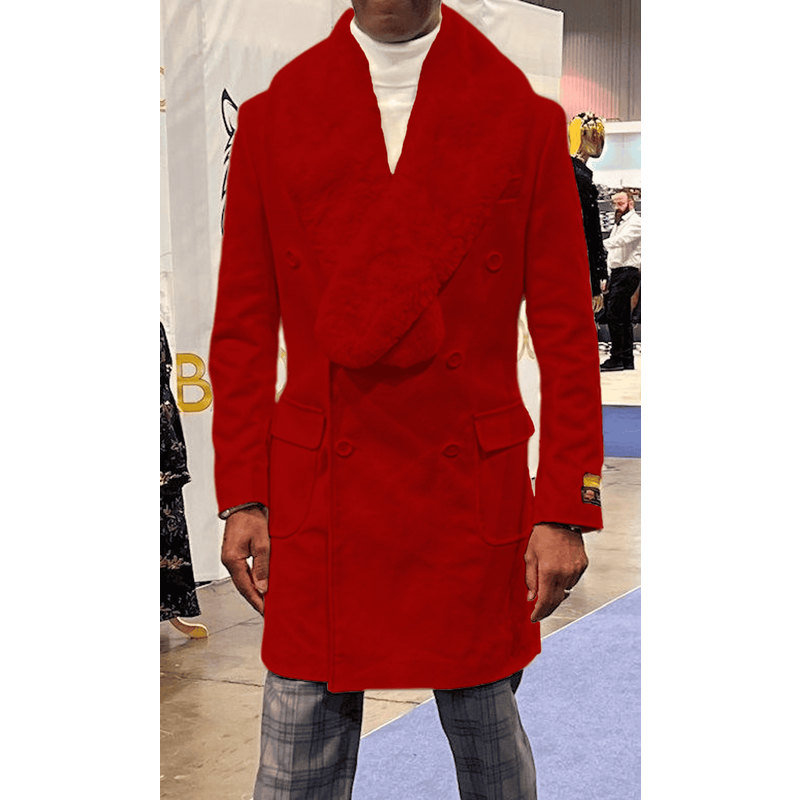 Men's Red Fur Collar Overcoat - Three Quarter Length Wool Coat — Winter Jacket Men