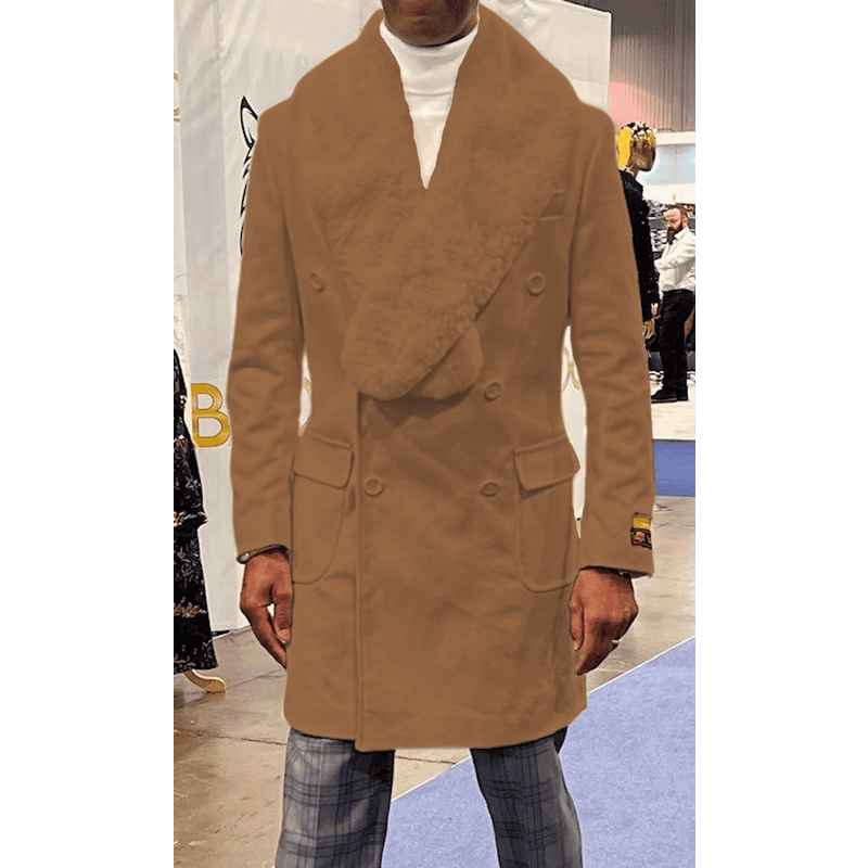 AlbertoNardoniStore Men's Fur Collar Overcoat - Tan Wool Coat — Winter Jacket Men