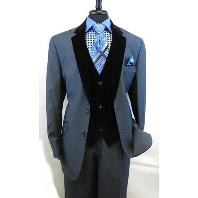 Men's Blue Velour Velvet Two Button Suit with Side Vents — Mens Suits & Blazers