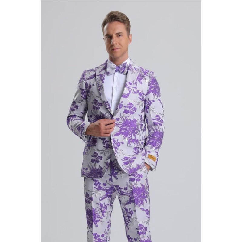 Tuxedo Floral Paisley en Violet, Blanc et Argent pour Homme