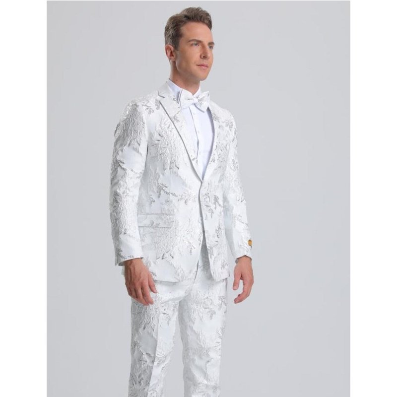 Men's White & Silver Floral Paisley Tuxedo — Mens Suits & Blazers