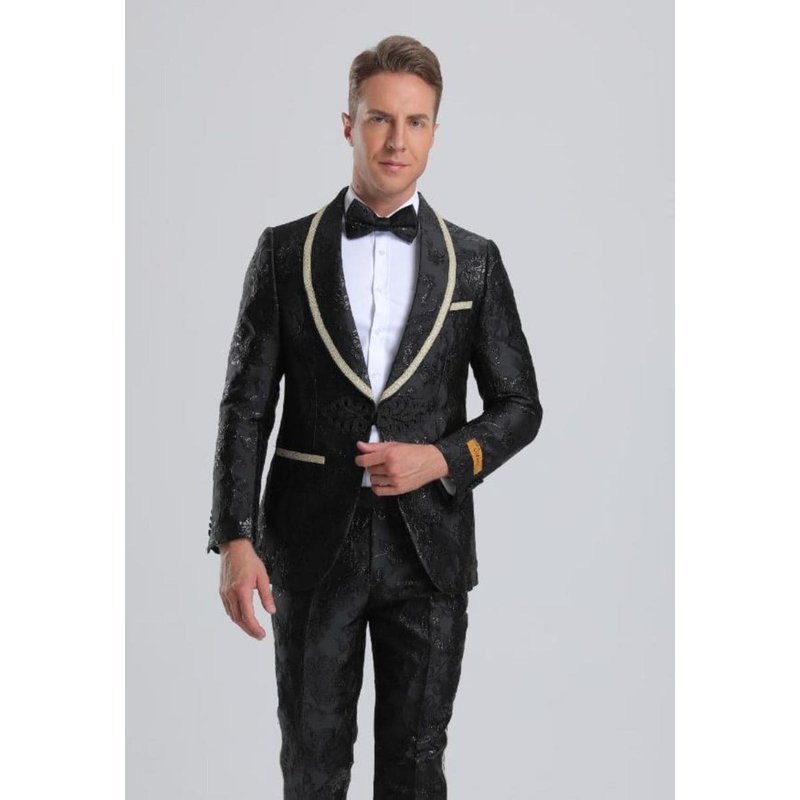 Tuxedo noir floral paisley pour hommes avec garniture dorée — Costumes et vestons pour hommes