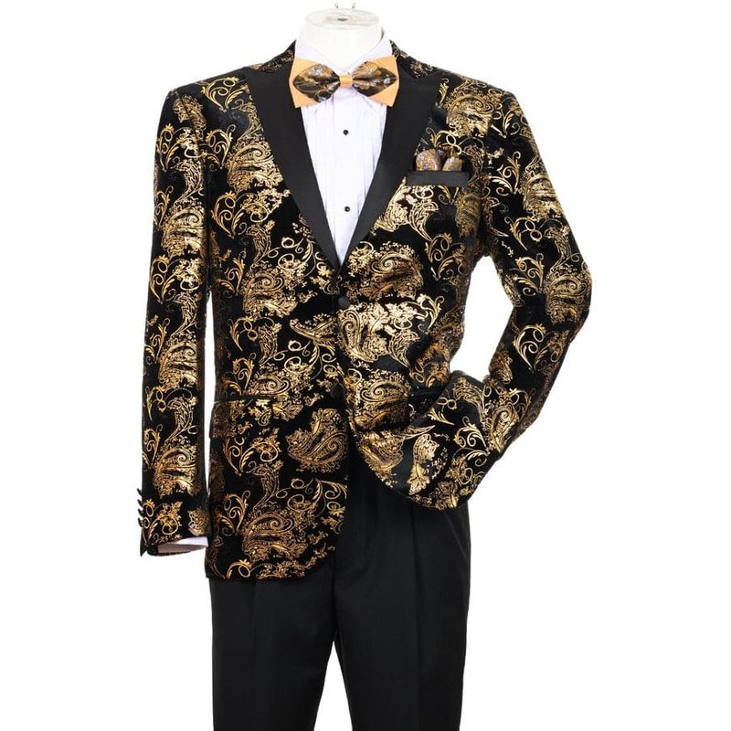 Veste de Tuxedo en Velours Floral Paisley - Coupe Moderne Or & Noir — Costumes et vestons pour hommes