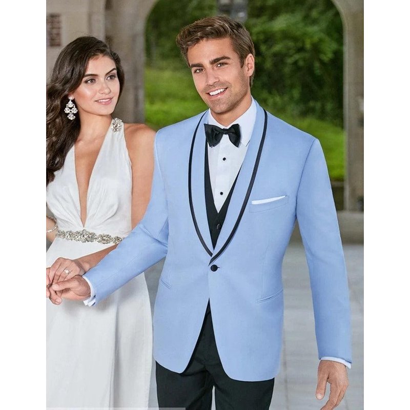 Tuxedo Bleu Clair avec Bord Noir en Satin — Costumes et vestons pour hommes