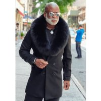Men's Black Wool Overcoat with Fur Collar