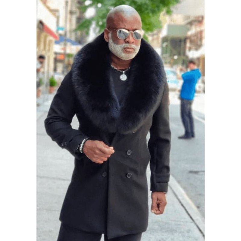 Men's Black Wool Overcoat with Fur Collar — Winter Jacket Men