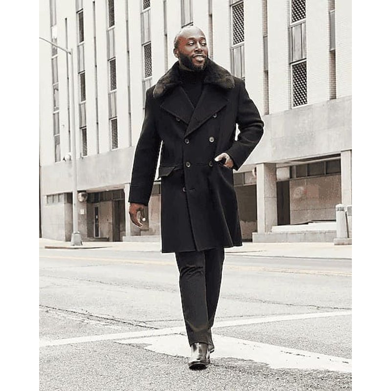 Hommes Noir Pardessus avec manteau de laine de col de fourrure — Veste d'hiver Hommes
