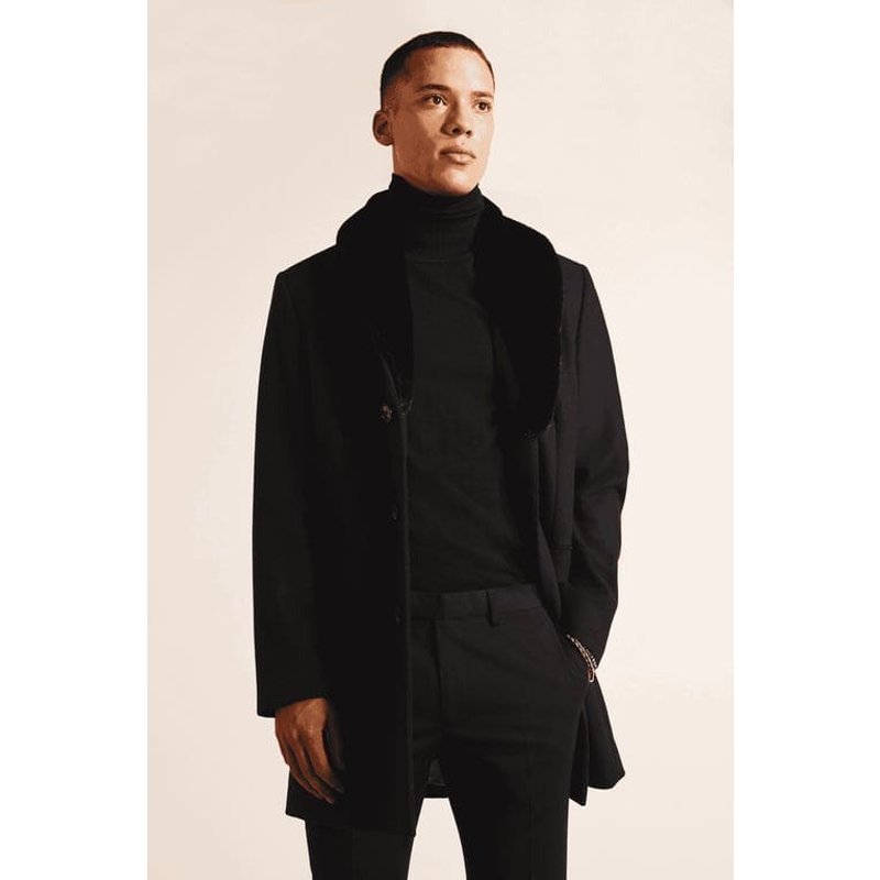Manteau en Laine Noir pour Homme avec Col en Fourrure — Veste d'hiver Hommes