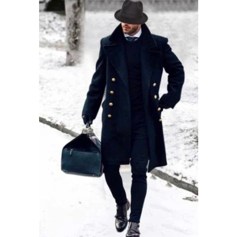 Men's Black Overcoat with Fur Collar — Winter Jacket Men