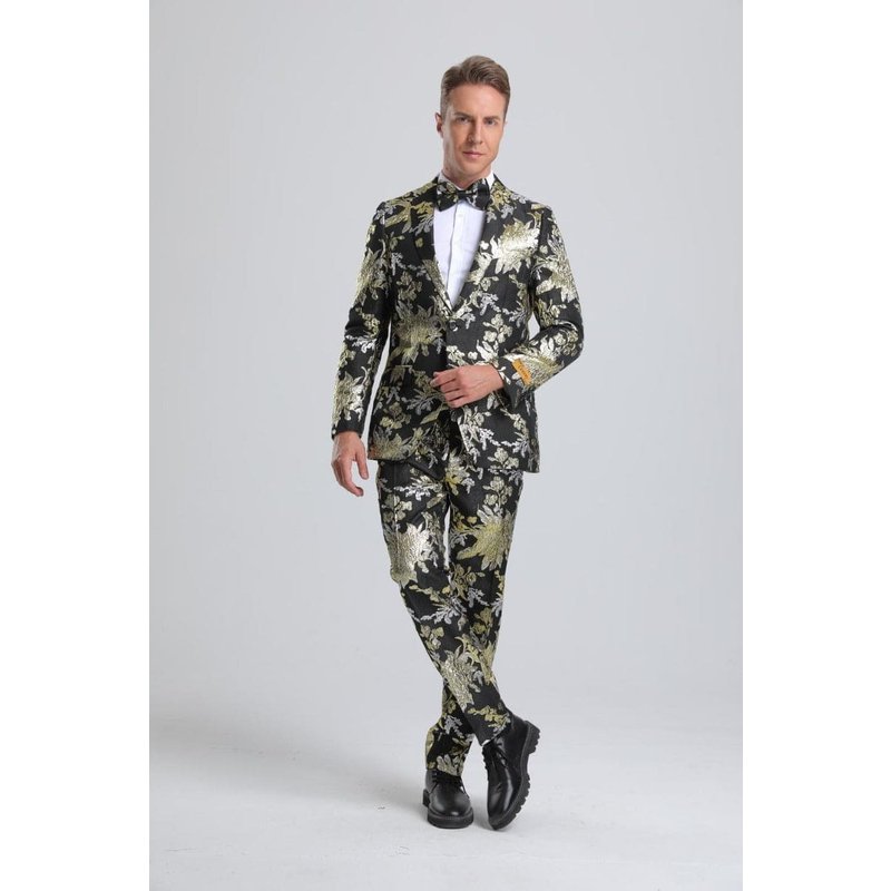 Men's Black, Gold & Silver Floral Paisley Tuxedo — Mens Suits & Blazers