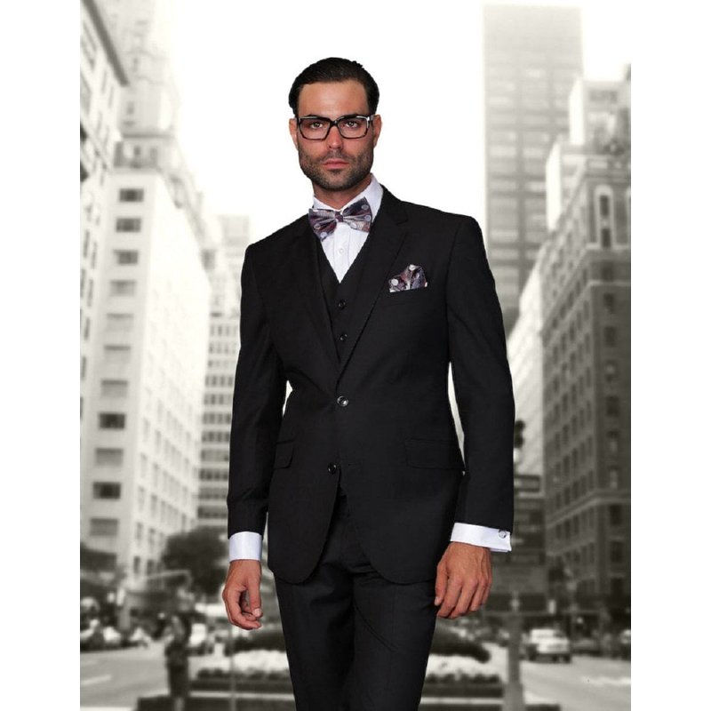 Alberto Nardoni Men's 2 Button Modern Fit Vested Wool Suit Black — Mens Suits & Blazers