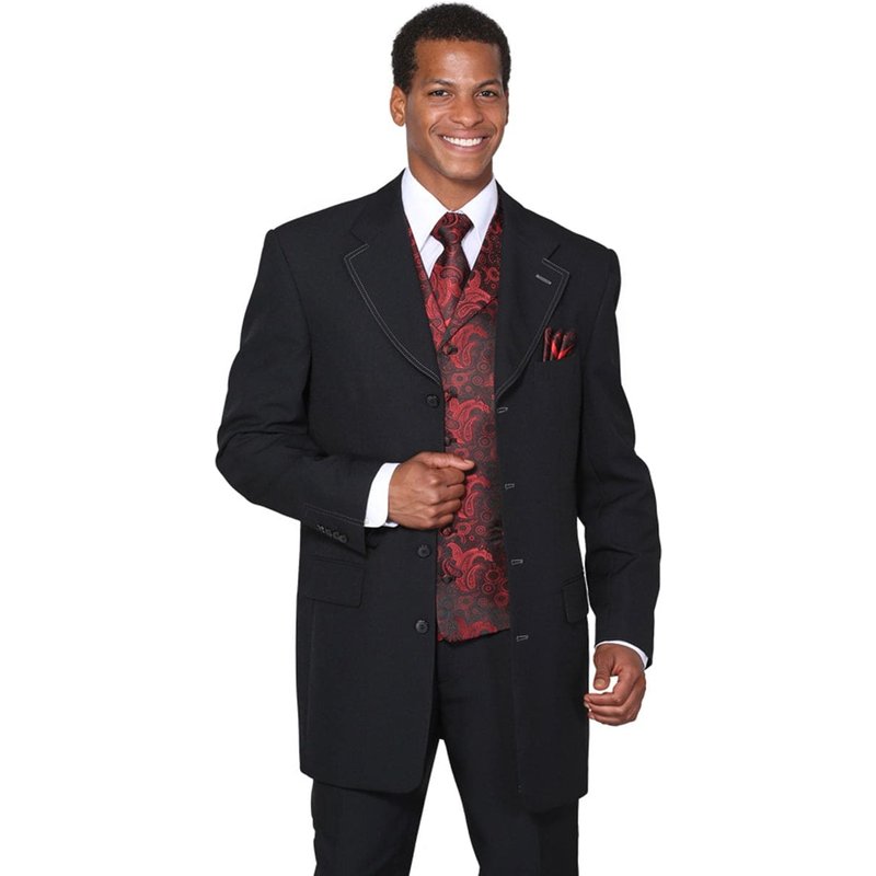 Alberto Nardoni Men's 4 Button Wide Notch Lapel Zoot Suit Black & Red — Mens Suits & Blazers