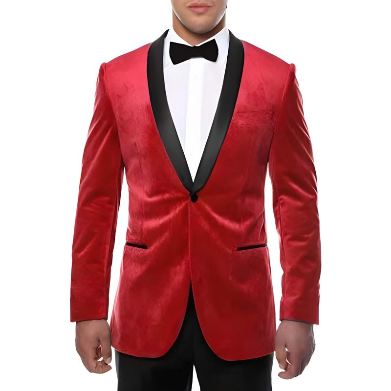 Blazer Rouge de Noël 1 Bouton Col Châle Noir Velours — Costumes et vestons pour hommes