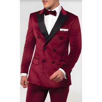Mens Burgundy Velvet Tuxedo - Double Breasted Slim Fit Suit