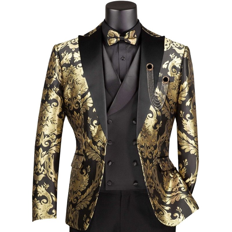 Alberto Nardoni Men's Gold Metallic Geometric Jacquard Tuxedo Jacket — Mens Suits & Blazers