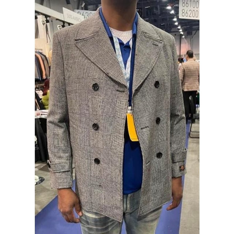 Houndstooth Plaid Peacoat - Gray and Black Wool Car Coat — Winter Jacket Men