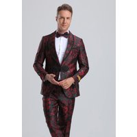 Tuxedo Floral Noir & Rouge pour Hommes avec Revers Châle