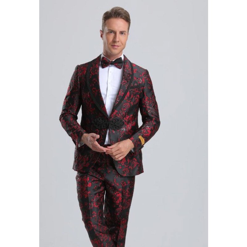 Tuxedo Floral Noir & Rouge pour Hommes avec Revers Châle — Costumes et vestons pour hommes
