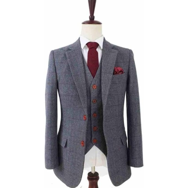 Mens 1930s Fashion Tweed Herringbone Suit - Modern Fit Gray — Mens Suits & Blazers