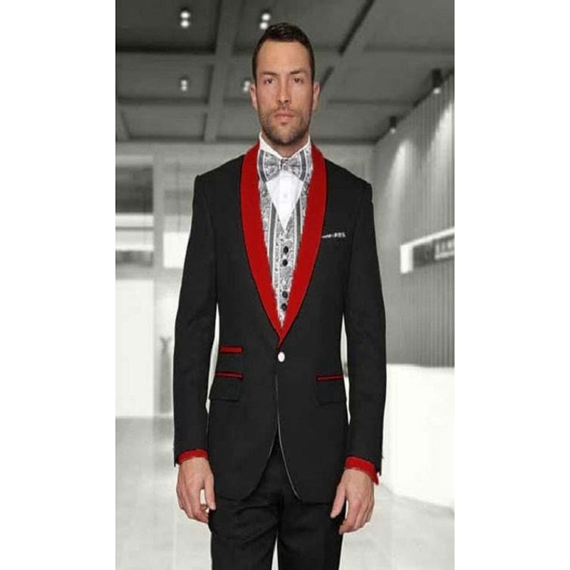 Tuxedo 1 Bouton Noir Rouge en Veste Châle pour Hommes Alberto Nardoni — Costumes et vestons pour hommes