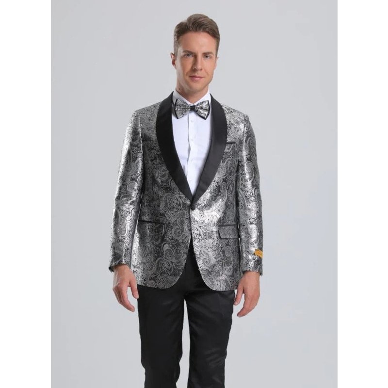 Veste de Tuxedo en Satin Argenté à Motif Floral Paisley — Costumes et vestons pour hommes