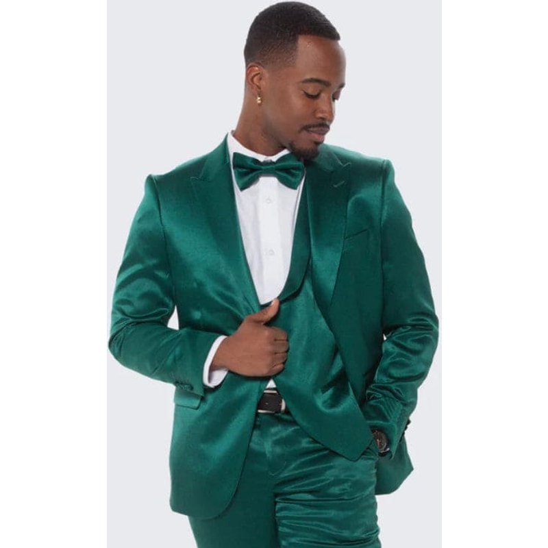 Emerald Green Satin Tuxedo Four Piece Set — Mens Suits & Blazers