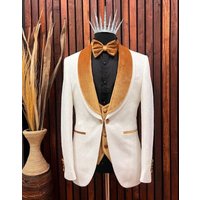 Alberto Nardoni Men's White Tuxedo with Gold Velvet Lapel — Mens Suits & Blazers