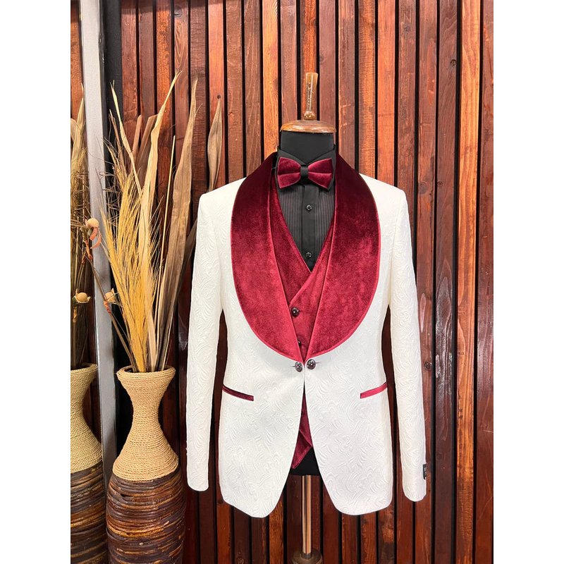 Tuxedo Blanc pour Hommes avec Revers en Velours Bourgogne Slim Fit 3 Pièces — Costumes et vestons pour hommes