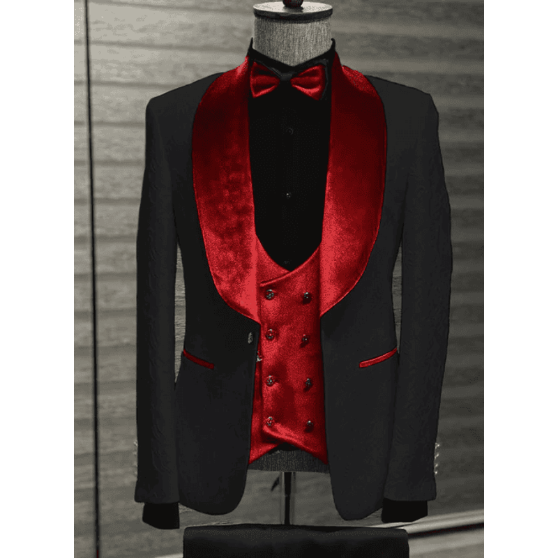 Tuxedo en Velours Noir et Rouge avec Revers en Velours — Costumes et vestons pour hommes