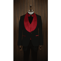 Tuxedo en Velours Noir et Rouge avec Revers - Slim Fit à Un Bouton