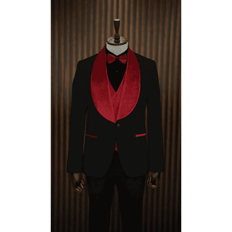 Black and Red Velvet Lapel Tuxedo - One Button Slim Fit — Mens Suits & Blazers