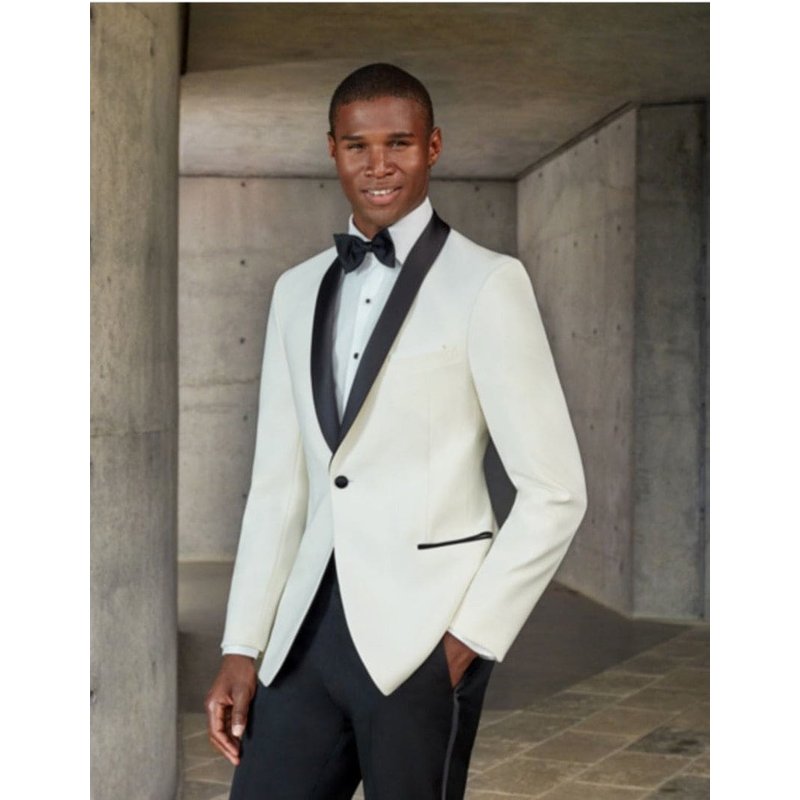 Homme Designer Ivoire & Noir Satin Veste de dîner traditionnelle châle — Costumes et vestons pour hommes