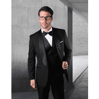 Men's Wool One Button Tuxedo with Wide Shawl Lapel and Vest