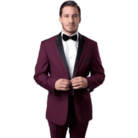 Men's Slim Fit One Button Satin Trim Peak Lapel Tuxedo in Burgundy — Mens Suits & Blazers