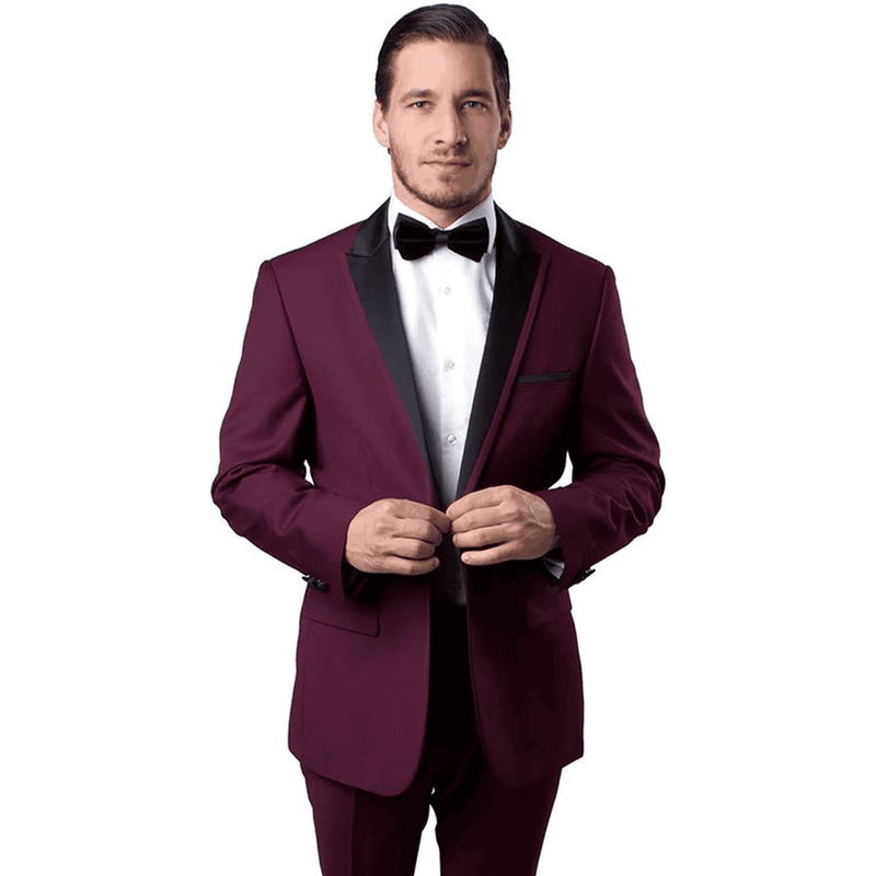 Tuxedo pour hommes ajusté à un bouton avec revers en satin noir, bordeaux — Costumes et vestons pour hommes