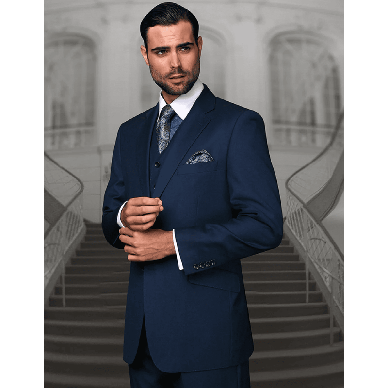 Mens Classic Fit Pleated Pant 2 Button Wool Suit in Indigo Blue — Costumes et vestons pour hommes