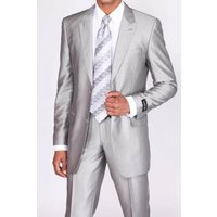 Mens 2 Button Peak Lapel Shiny Sharkskin Suit in Silver