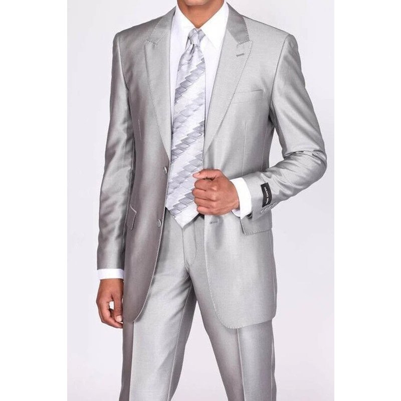 Mens 2 Button Peak Lapel Shiny Sharkskin Suit in Silver — Mens Suits & Blazers