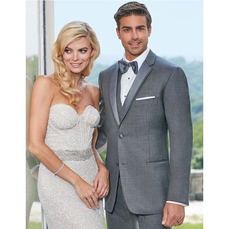 Mens Designer Grayson Satin Trim Wedding Tuxedo in Grey — Costumes et vestons pour hommes