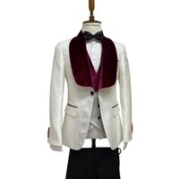 Mens Vested Designer Wide Velvet Shawl Tuxedo White With Burgundy Lapel — Costumes et vestons pour hommes