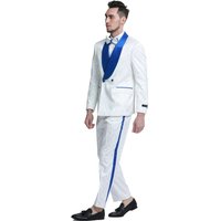 Men's Slim Fit Double Breasted Paisley Smoking Jacket Prom & Wedding Tuxedo in White & Royal Blue