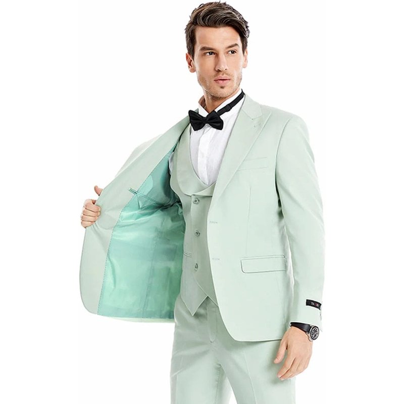 Mens Two Button Vested Peak lapel Pastel Wedding & Prom Suit in Mint Green — Costumes et vestons pour hommes