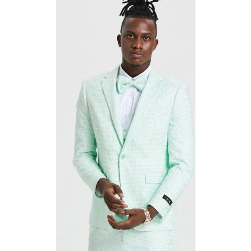 Mens One Button Double Breasted Vest Notch Lapel Prom & Wedding Suit in Mint Green Polka Dot — Costumes et vestons pour hommes
