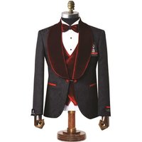 Mens Black With Red Velvet Lapel 3-Piece Tailored-Fit Tuxedo — Costumes et vestons pour hommes