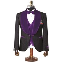 Mens Black With Purple Velvet Lapel 3-Piece Tailored-Fit Tuxedo