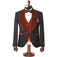 Mens Black With Orange Velvet Lapel 3-Piece Tailored-Fit Tuxedo — Costumes et vestons pour hommes
