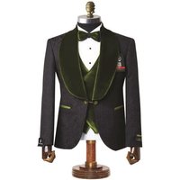Mens Black With Olive Velvet Lapel 3-Piece Tailored-Fit Tuxedo