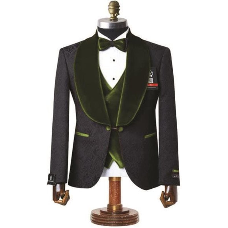 Mens Black With Olive Velvet Lapel 3-Piece Tailored-Fit Tuxedo — Costumes et vestons pour hommes